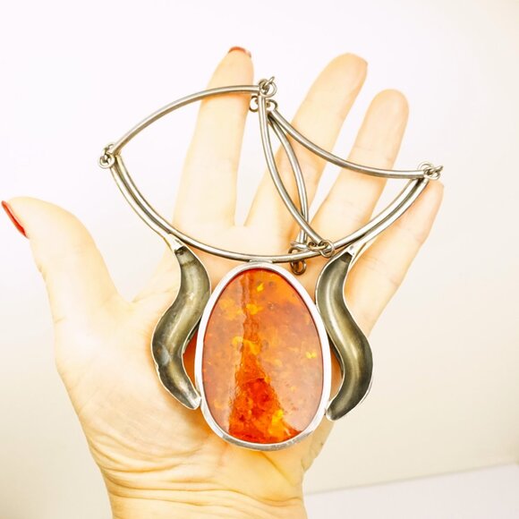 Giant Amber Link Necklace Set In 925 Silver - One-Of-A-Kind Artisan Jewelry - Picture 5 of 14